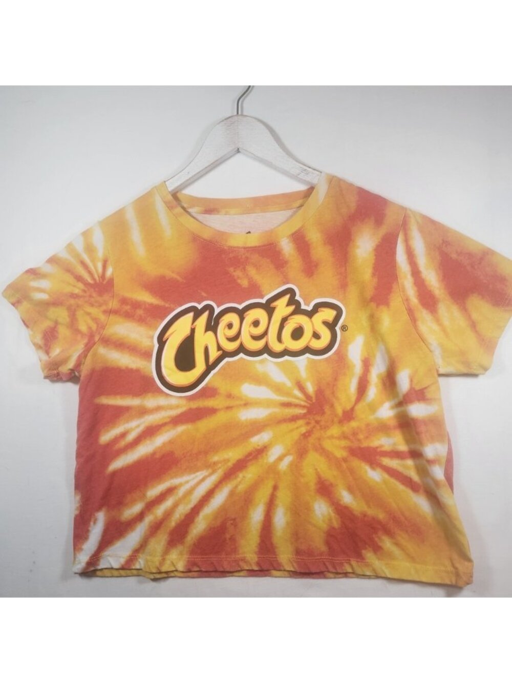 Cheetos‎ Mad Engine Orange Yellow Tie Dye Graphic Crop T-Shirt Womens Large